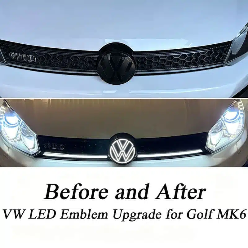 VW Golf MK6 Light Up Emblem (2008–2013) 1 VW Golf MK6 light up emblem 2008–2013 illuminated white LED badge on MK6 front grille